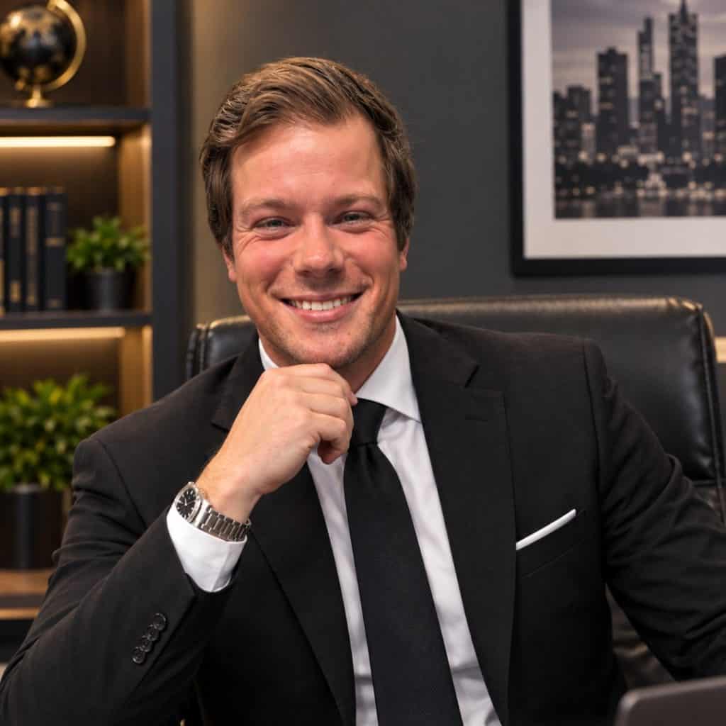 A smiling man in a dark suit and tie sits in an office chair, resting his chin on his fist.